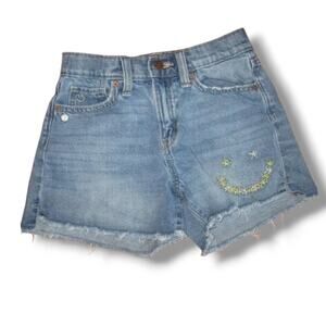 Old Navy Girls blue raw hemline Stitch happy face high rise shorts - size 16